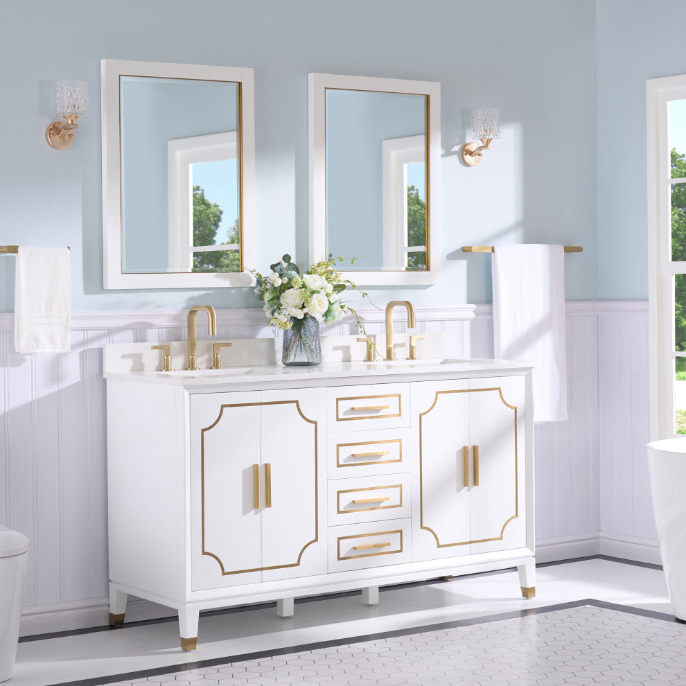 Melody Freestanding Bathroom Vanity with Wall Vanity Mirror and Quartz Top, White, 60"