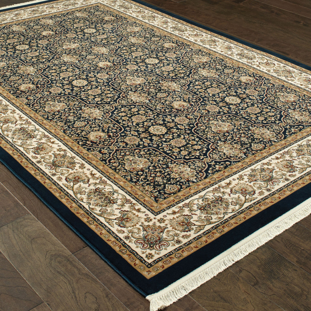 Mackenzie Regal Medallion Navy/ Ivory Fringed Area Rug, 5'3"X7'6"