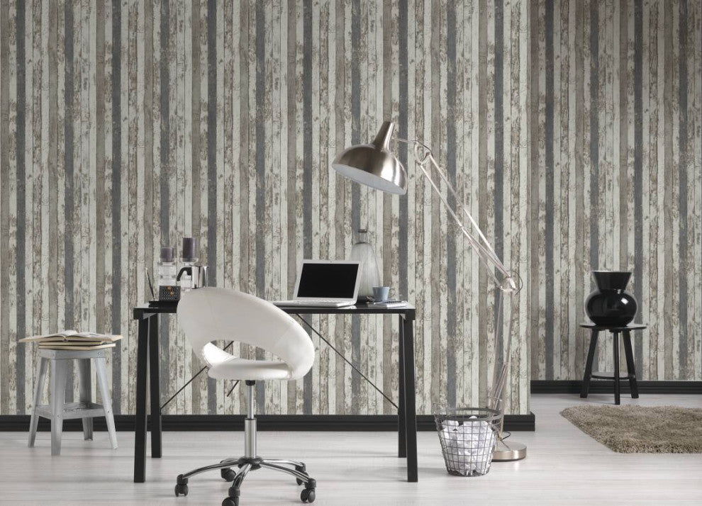 Faux Textured Wallpaper Wooden Stripes, Cream Gray Brown, One Roll
