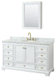 60" Single Bath Vanity White, Carrara Countertop, Sink, Gold Trim, Med. Cabinet