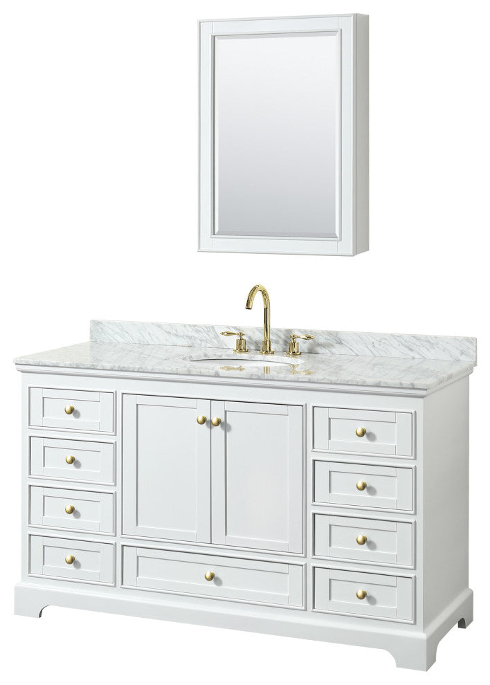 60" Single Bath Vanity White, Carrara Countertop, Sink, Gold Trim, Med. Cabinet
