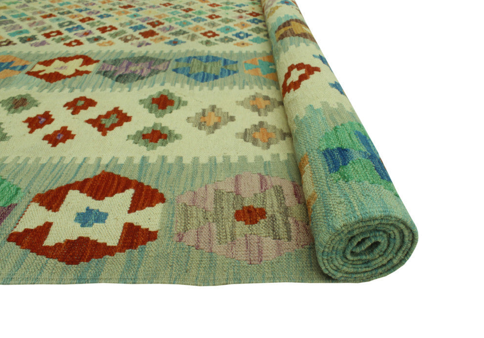 Sangat Kilim Steven Ivory/Light Blue Rug, 8'0x11'4