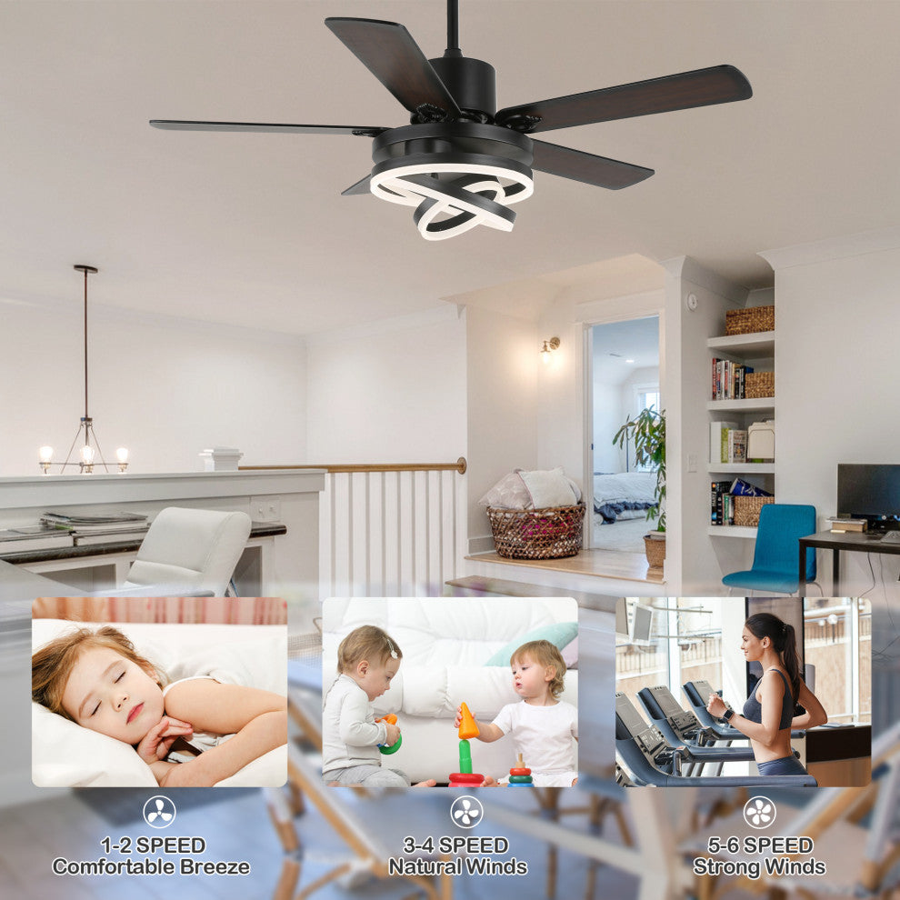 52" Ceiling Fan with Adjustable LED Light Kit, 3 Color Tone 6 Fan Speed, Black