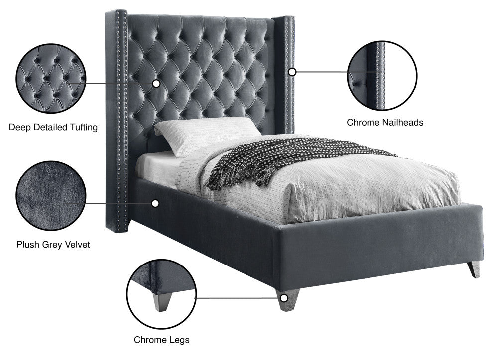 Ames Velvet Bed, Gray, Twin