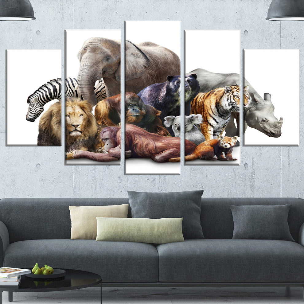 Animals on White Background, Abstract Canvas Art Print, 60"x32", 5 Panels