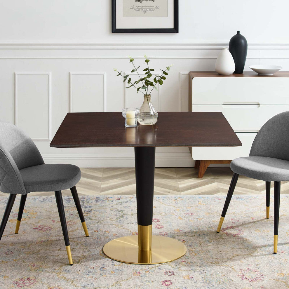 Dining Table, Square, Wood, Metal, Gold Dark Brown Brown Walnut, Modern, Bistro