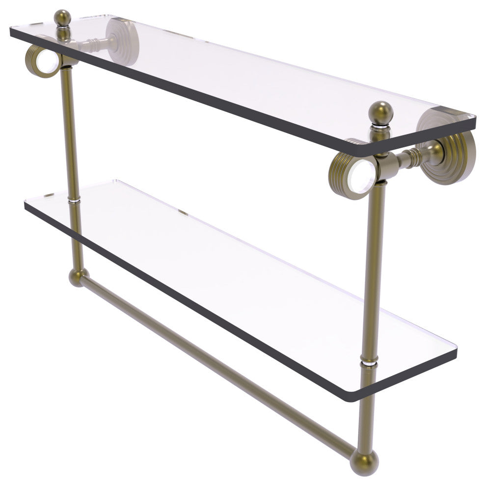 Pacific Grove 22" Double Groovy Glass Shelf with Towel Bar, Antique Brass