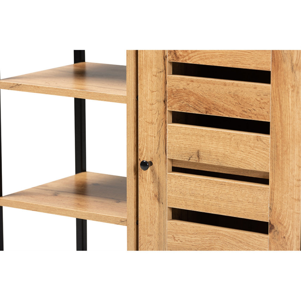 Oak Brown Finished Wood and Black Finished Metal 1-Door Shoe Storage Cabinet