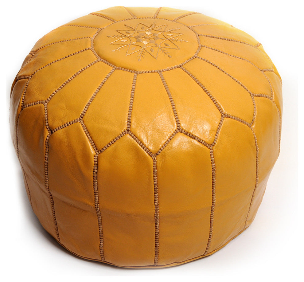 Moroccan Leather Pouf, Mustard