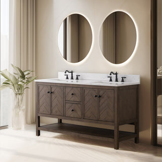Landon Modern Herringbone Bathroom Vanity, 60", White Top