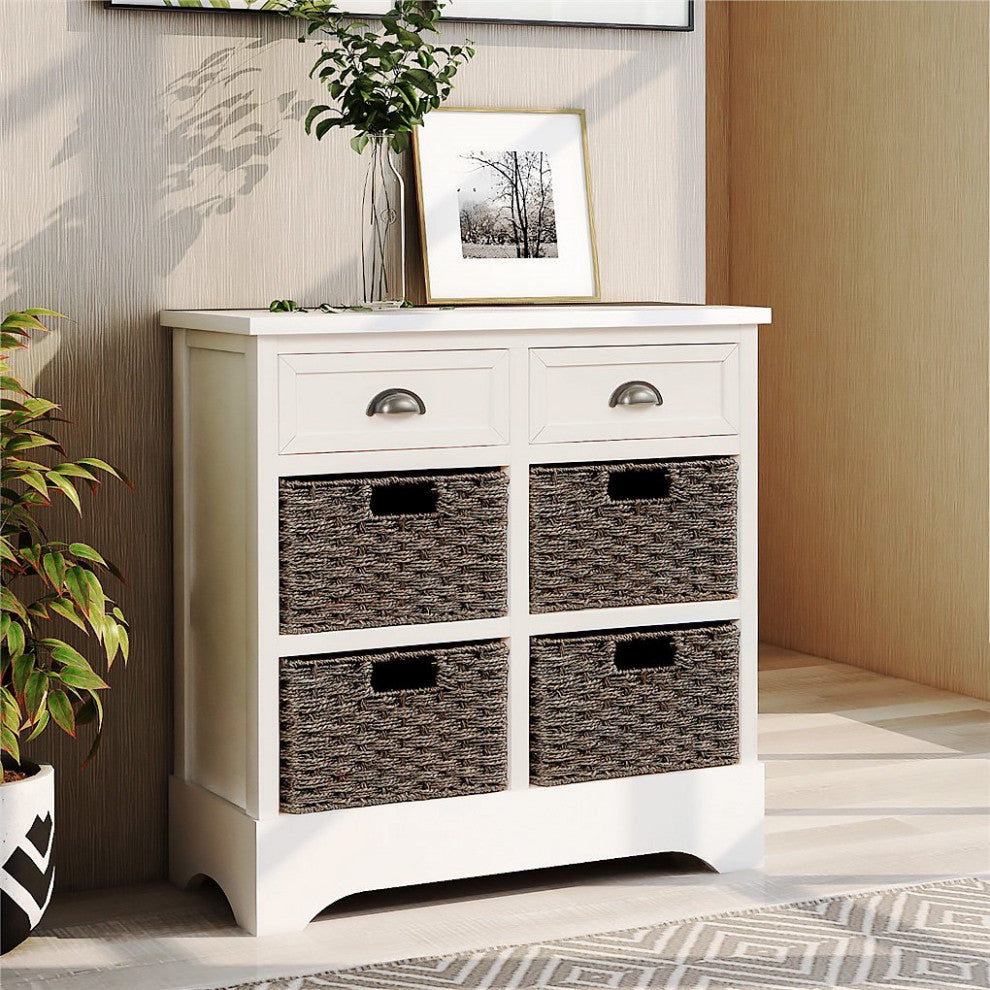 Tall Nightstand, Acacia Wood Frame With Drawers & Wicker Baskets, White