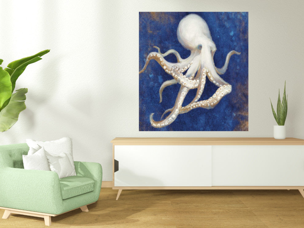 35" Rustic Deep Blue and Gold Octopus Giclee Wrap Canvas Wall Art