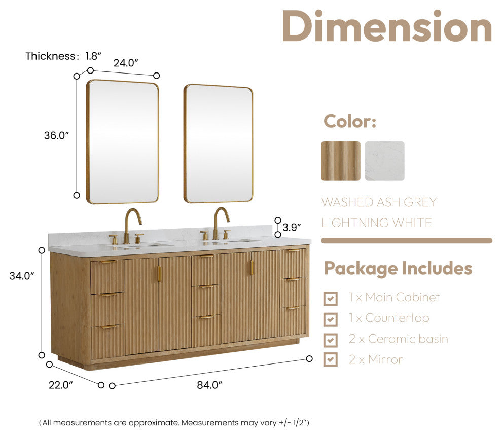 Vinnova Cadiz Bath Vanity, Composite Stone Top, Washed Ash Grey, 84", With Mirror