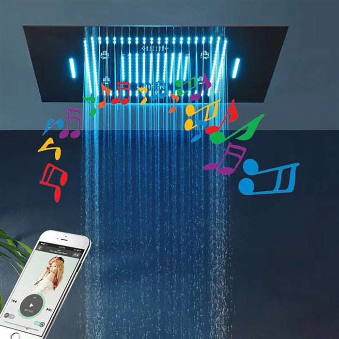 LED 23*31" Matte Black Remote Controlled Musical Shower System and 6 Body Jets