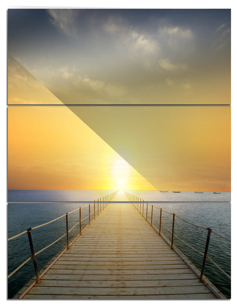 "Ocean Sunset With Pier" Photo Metal Wall Art, 3 Panels, 28"x36"