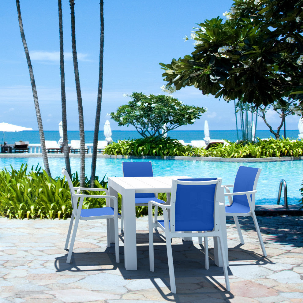 Pacific 5 Piece Dining Set, Extension Table and Arm Chairs White Frame Blue