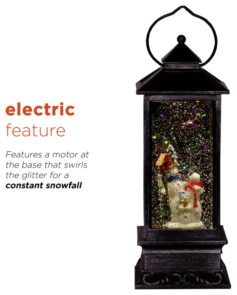 11"H Indoor Lantern Snowman Snow Globe Holiday Decoration with LED Light, Silver