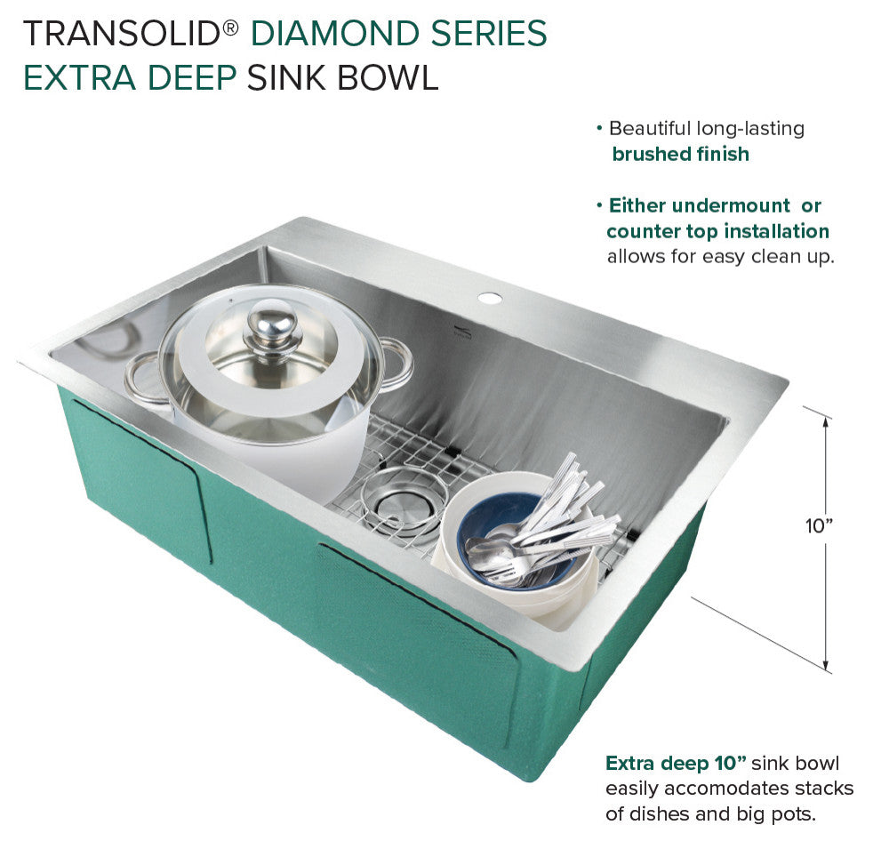 Transolid Diamond 32"x22" Single Bowl Dual-Mount Sink Kit in Stainless Steel