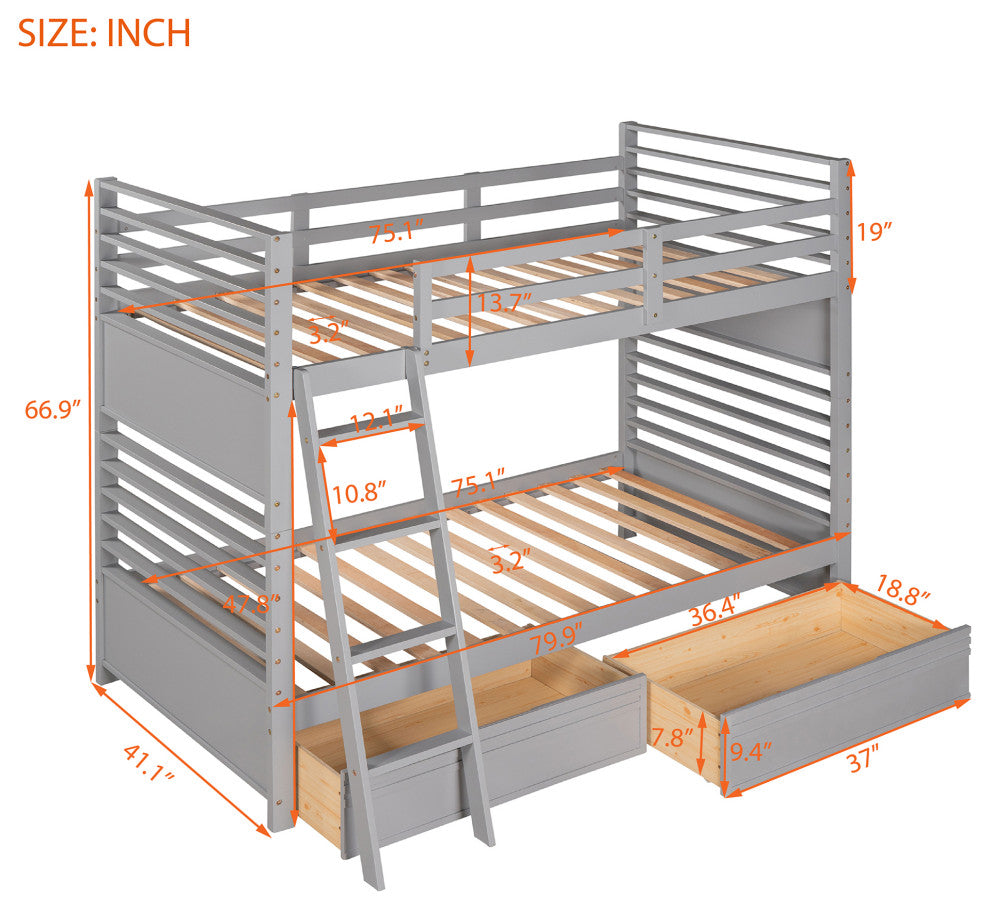 Gewnee Wood Twin Over Twin  Bunk Bed with Two Drawers in Gray