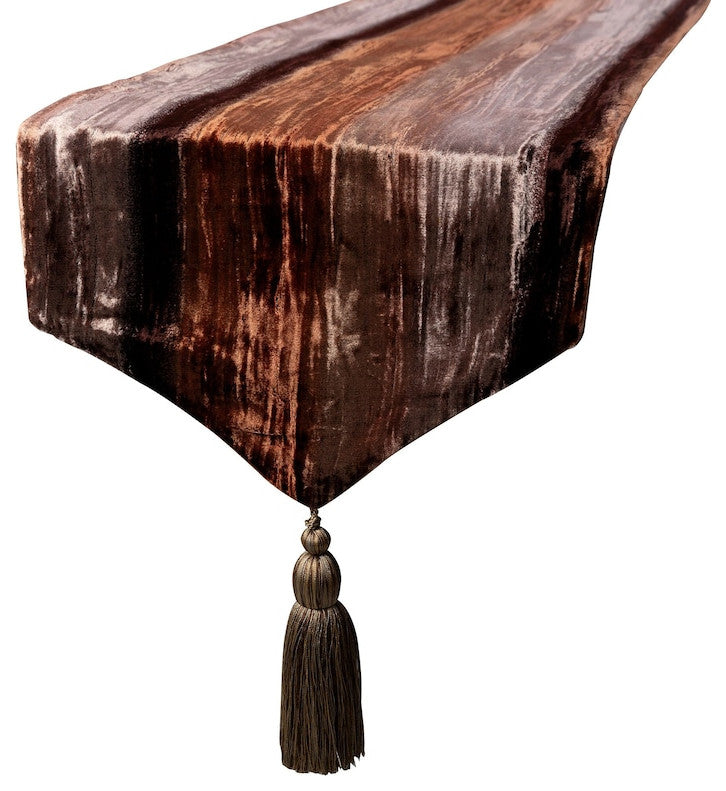 Table Runner Brown Velvet 14"x90", Ombre, Crushed Velvet Tassles, Ombre Brown