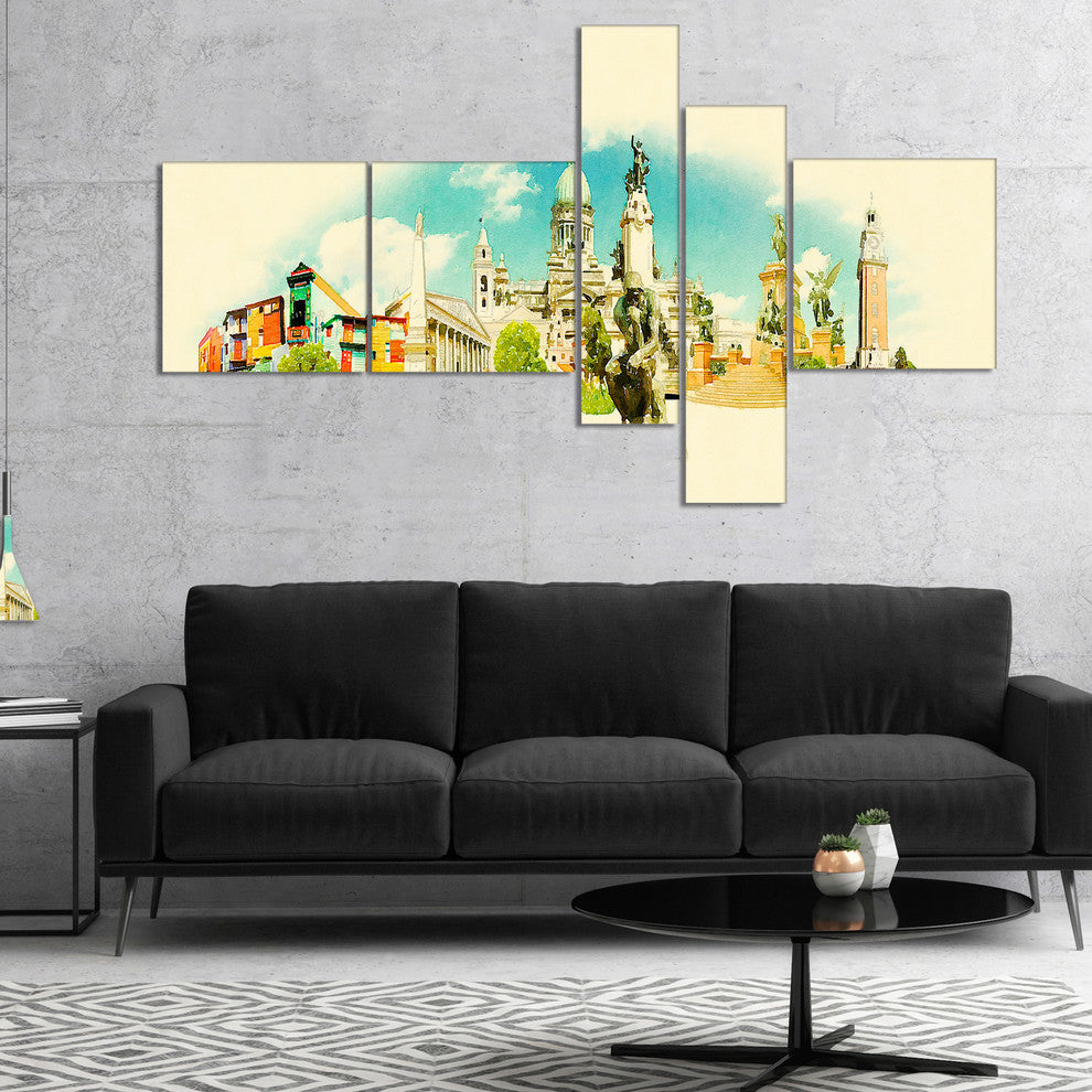 Buenos Aires Panoramic View, Cityscape Watercolor Canvas Art, 60"x32", 5 panels