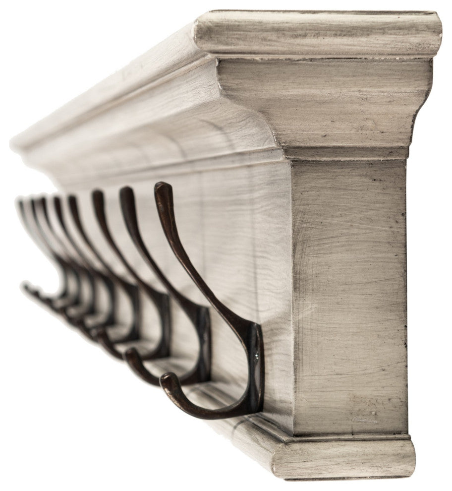 Rustic Antiqued Ivory Eight Hook Hanging Coat Rack
