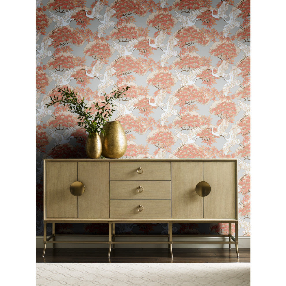 Sprig and Heron Coral Wallpaper