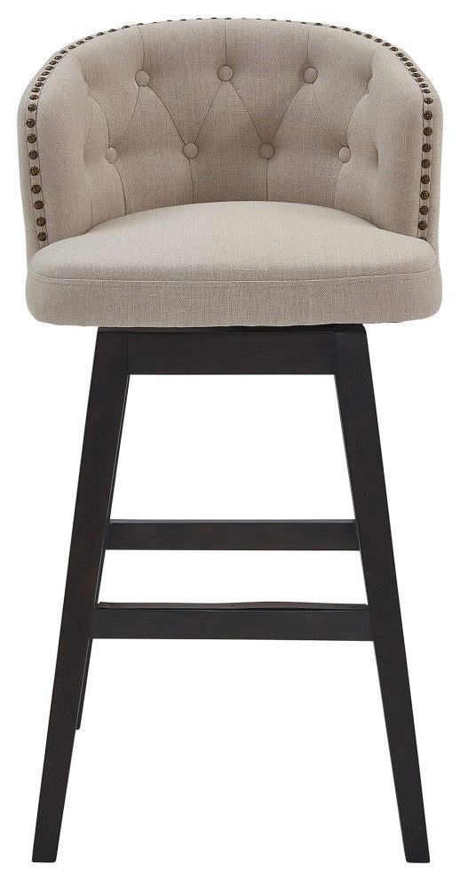 30" Tan Tufted Fabric and Dark Espresso Wood Swivel Bar Stool