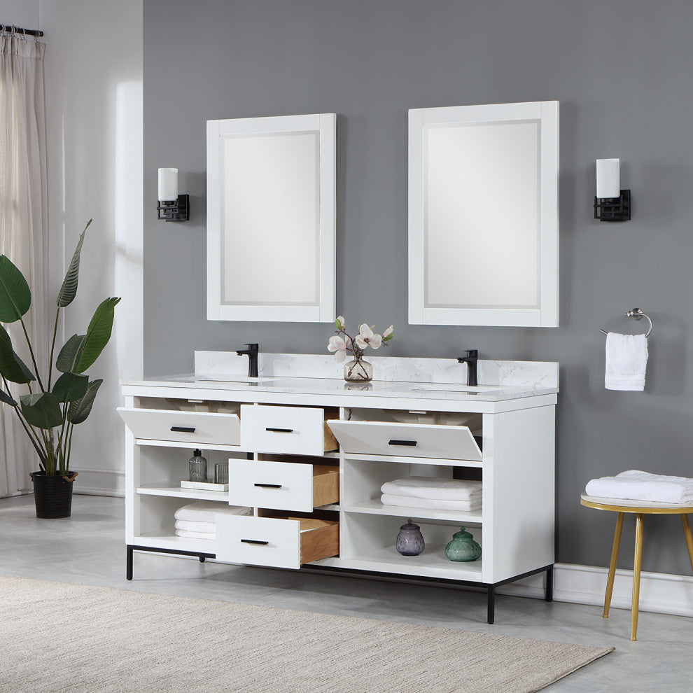 Kesia White Bathroom Vanity Set, 72", With Mirror