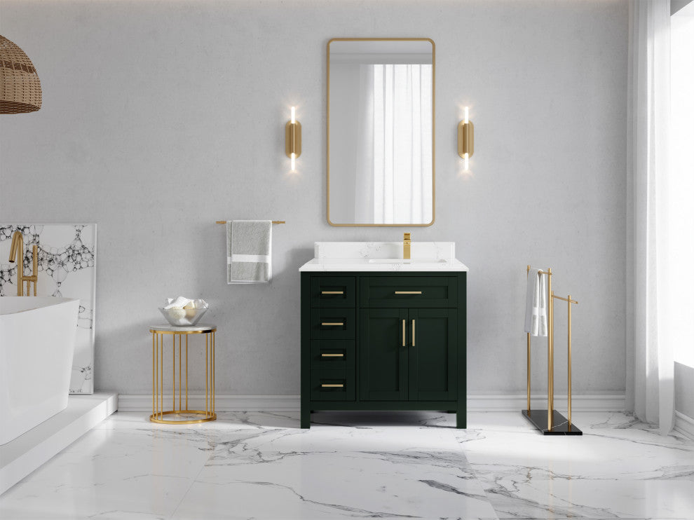 Cambridge 36 Right Offset Bath Vanity in Dark Forest Green 1.5" Empira Quartz
