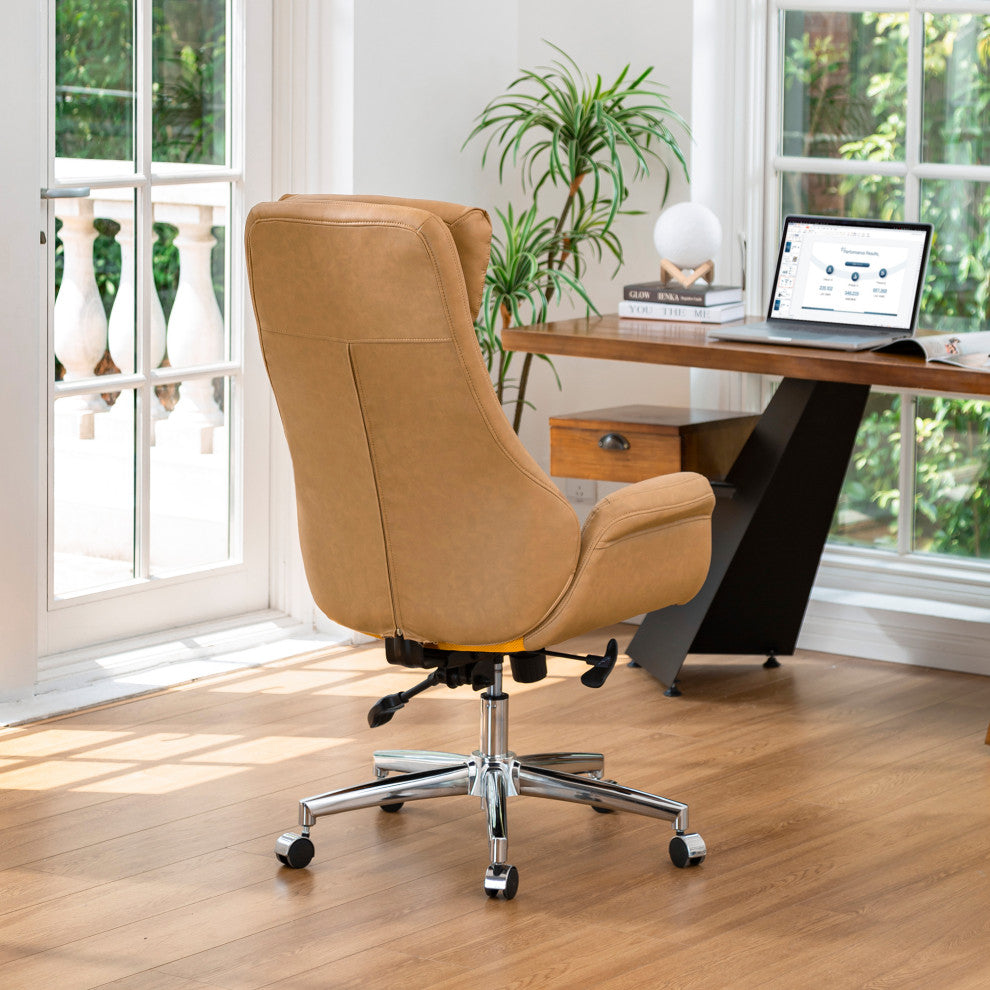 Mid-Century Modern Air Leatherette Adjustable Swivel High Back Office, Camel