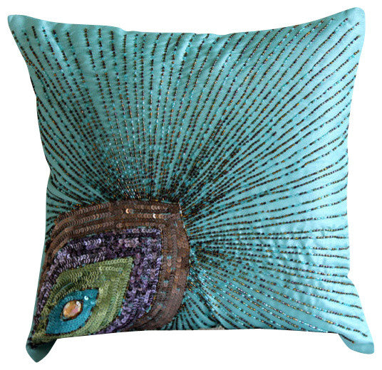 Blue Art Silk 14"x14" Peacock Feather Pillowcases, Peacock Grace