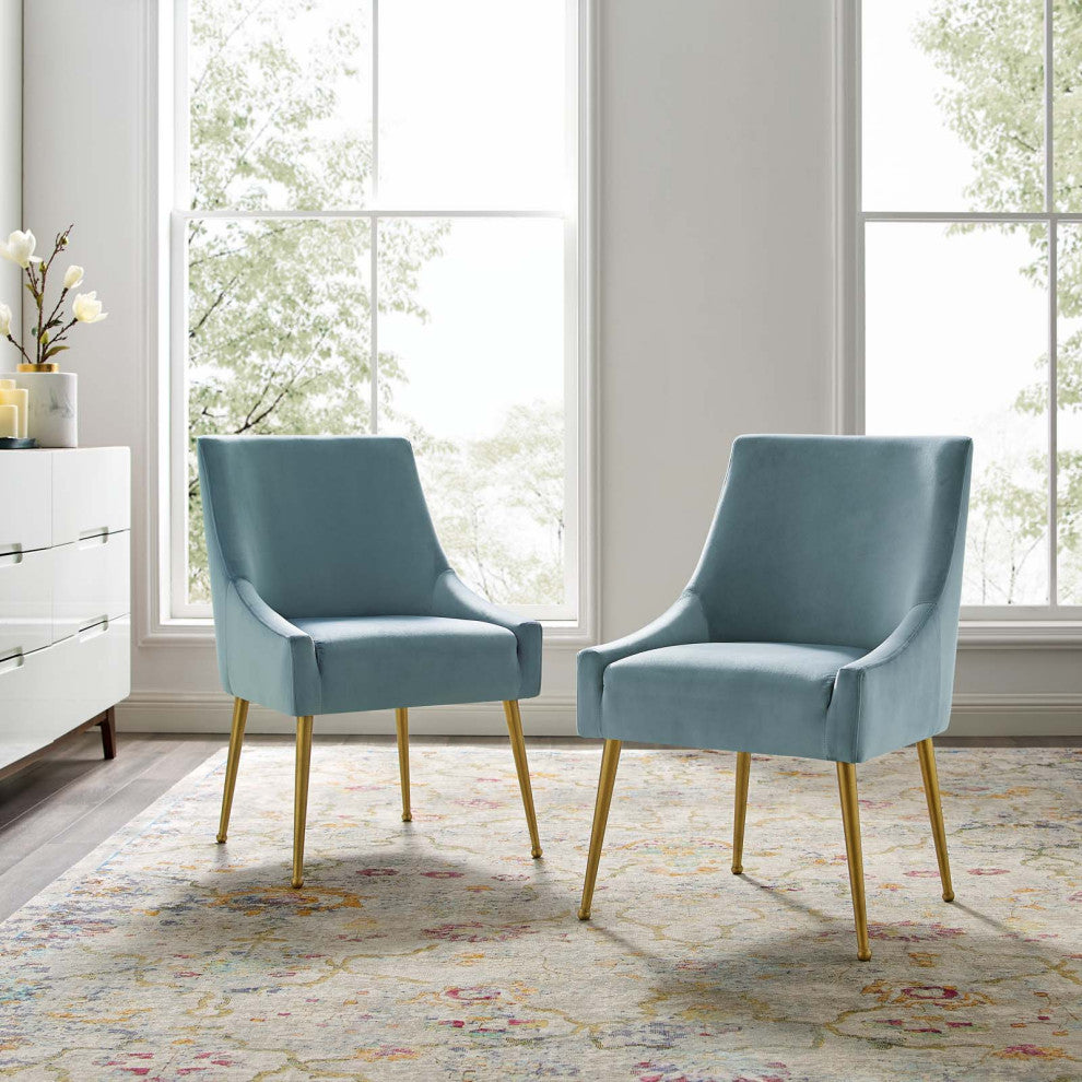 Side Dining Chair, Set of 2, Velvet, Metal, Blue, Modern, Cafe Bistro Restaurant