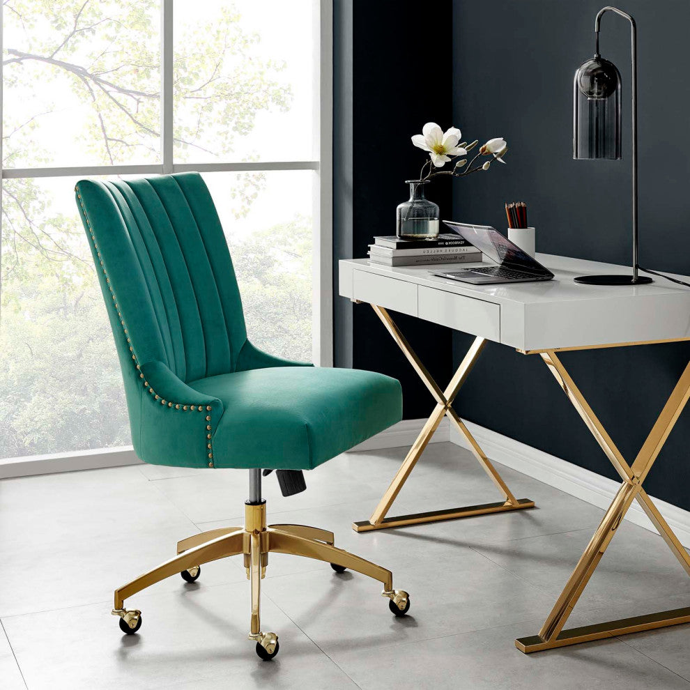 Computer Work Desk Tufted Chair, Velvet, Gold Teal Blue, Home Business Office