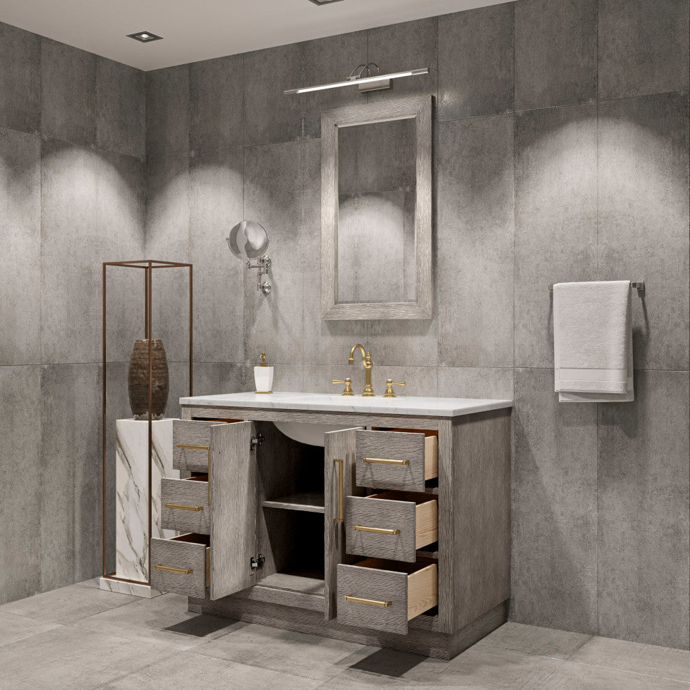 Hugo 48 Single Sink White Marble Countertop Vanity, Gray Oak With Mirror