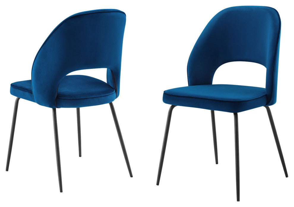 Dining Chair, Set of 2, Black Blue Navy, Velvet, Modern, Bistro Hospitality