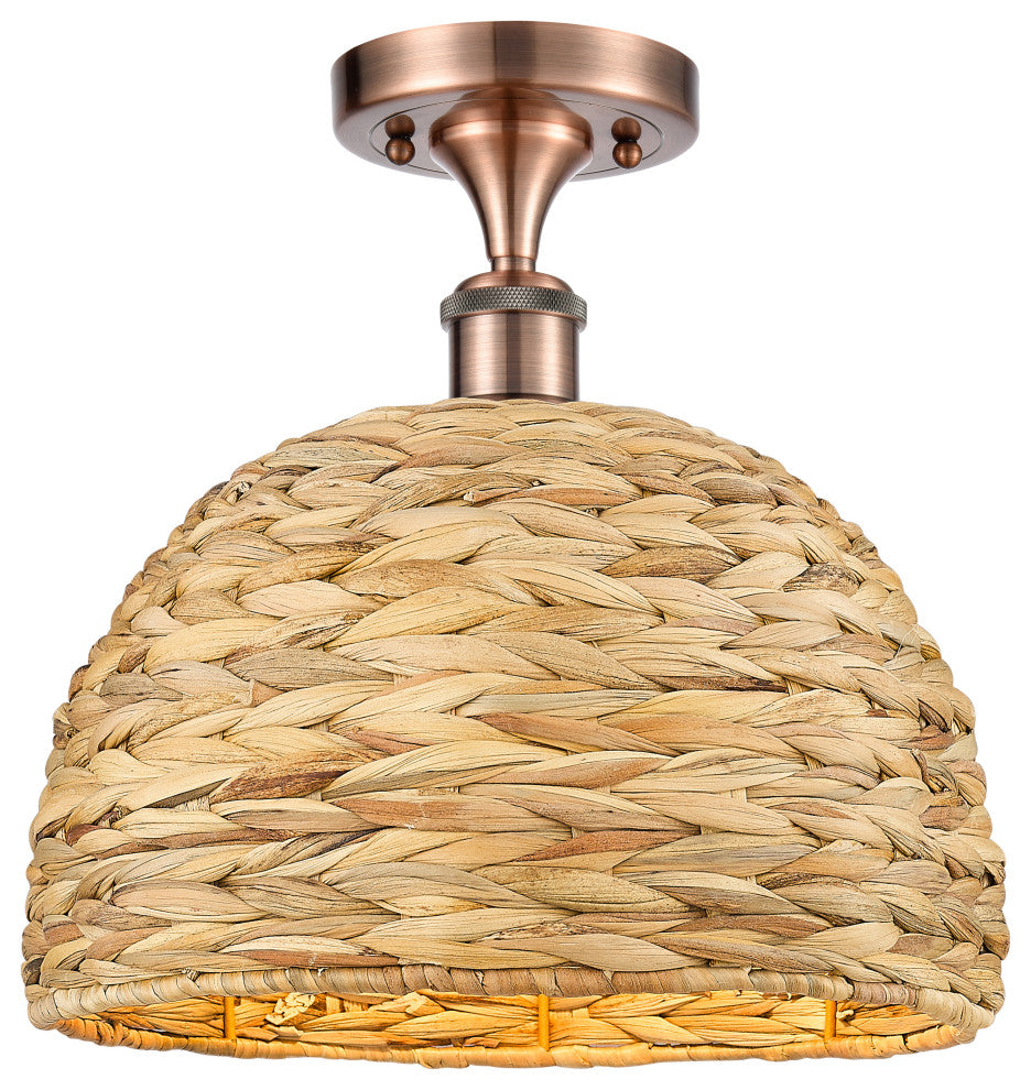 Woven Rattan 1-Light 12" Semi-Flush Mount, Antique Copper Finish, Natural Shade