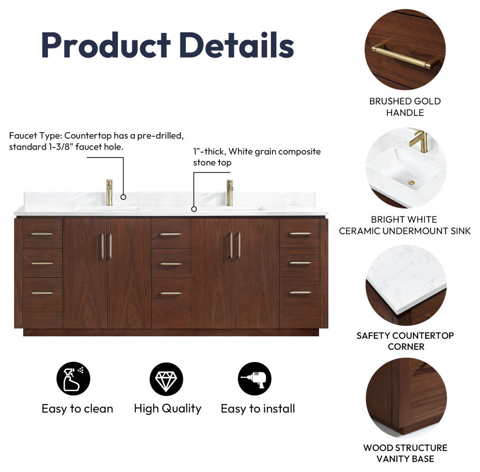 San Bath Vanity with Stone Top, Natural Walnut, 84", Double Vanity, No Mirror