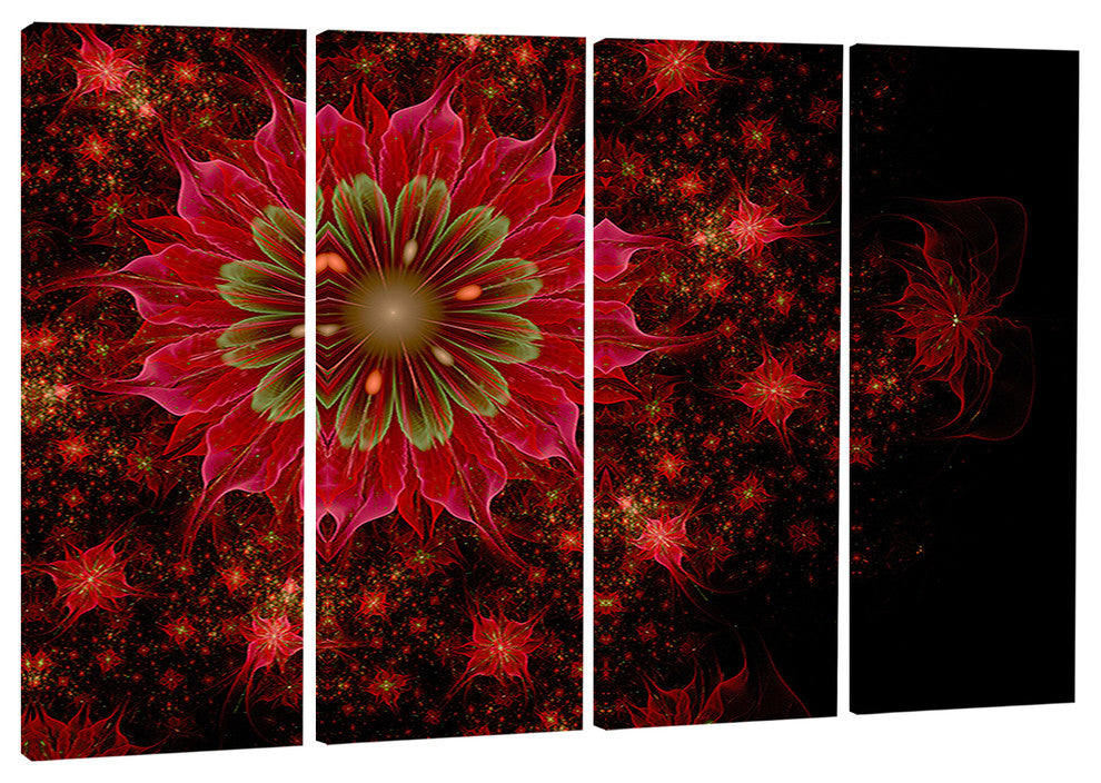 "Dark Red and Light Green Fractal Flowers" Digital Wall Art, 4 Panels, 48"x28"