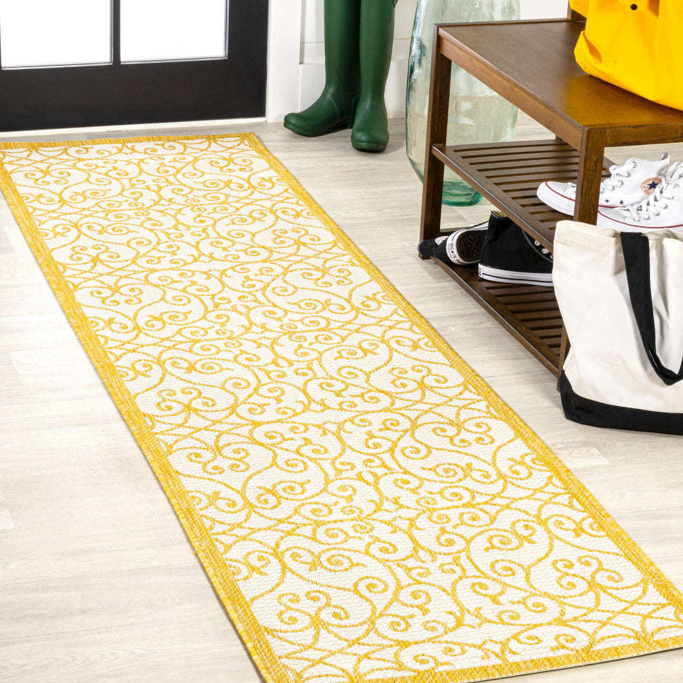 Madrid Vintage Filigree Textured Weave Indoor/Outdoor, Cream/Yellow, 2 X 8
