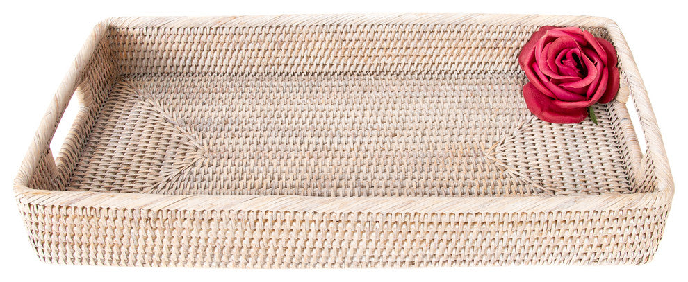 Artifacts Rattan Rectangular Tray With Rounded Corners, White Wash