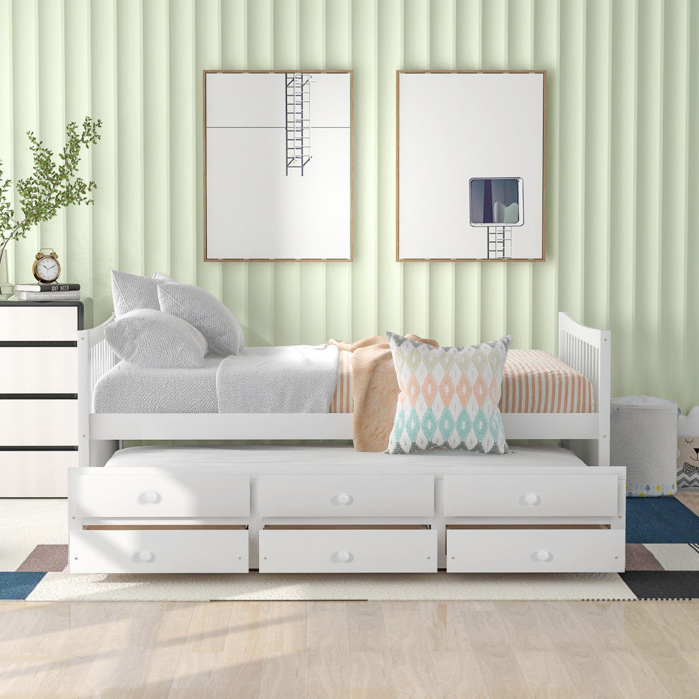 Gewnee Full size Daybed with Twin size Trundle and Drawers in White