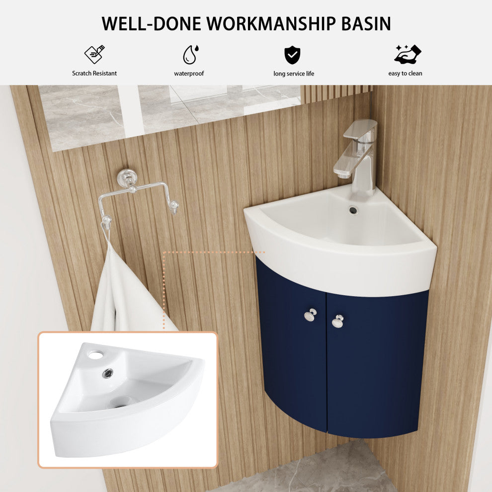 BNK Compact Double-Door Corner Bathroom Cabinet with Ceramic Basin