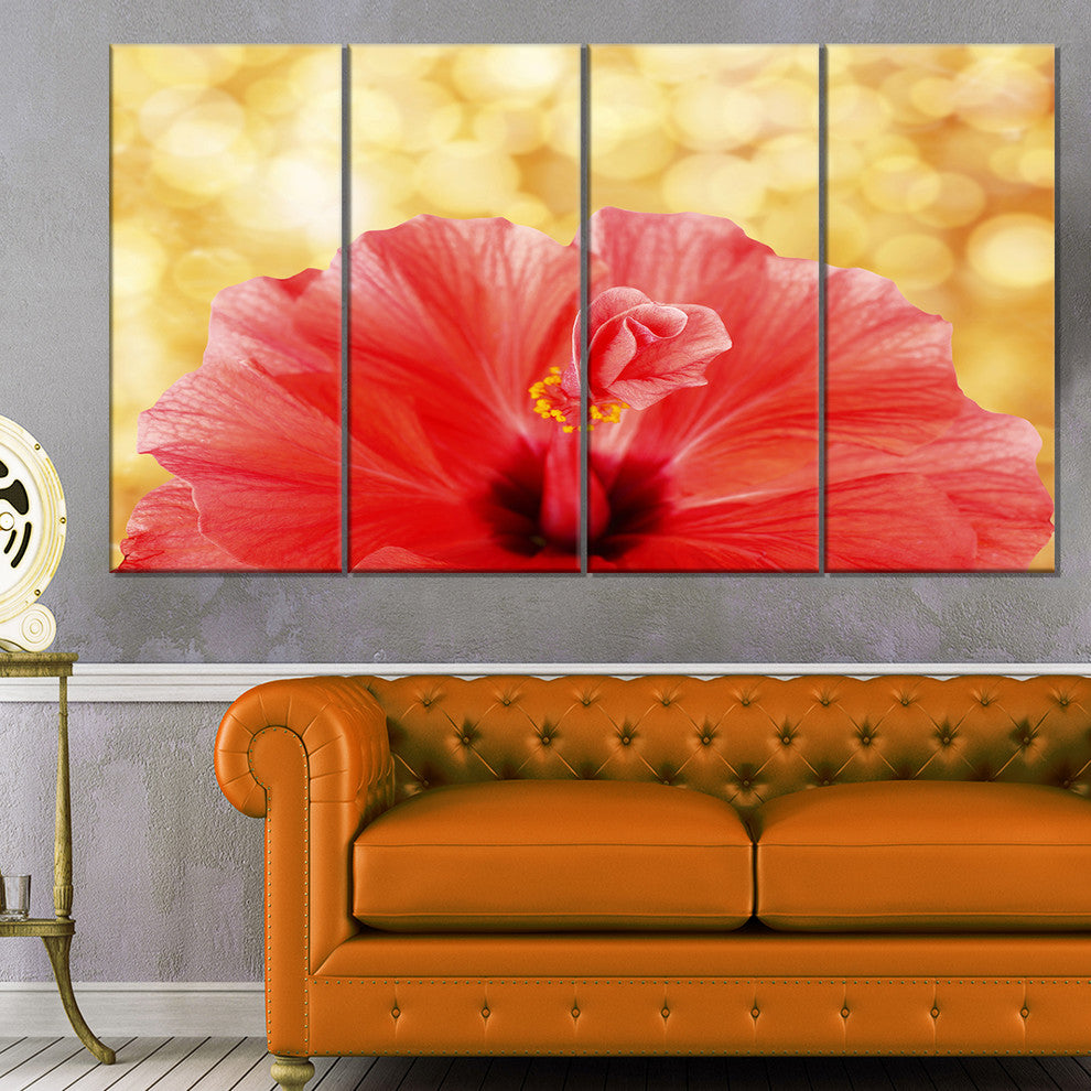 Hibiscus Flower with Lit up Background, Floral Canvas Artwork, 48"x28", 4 Panels
