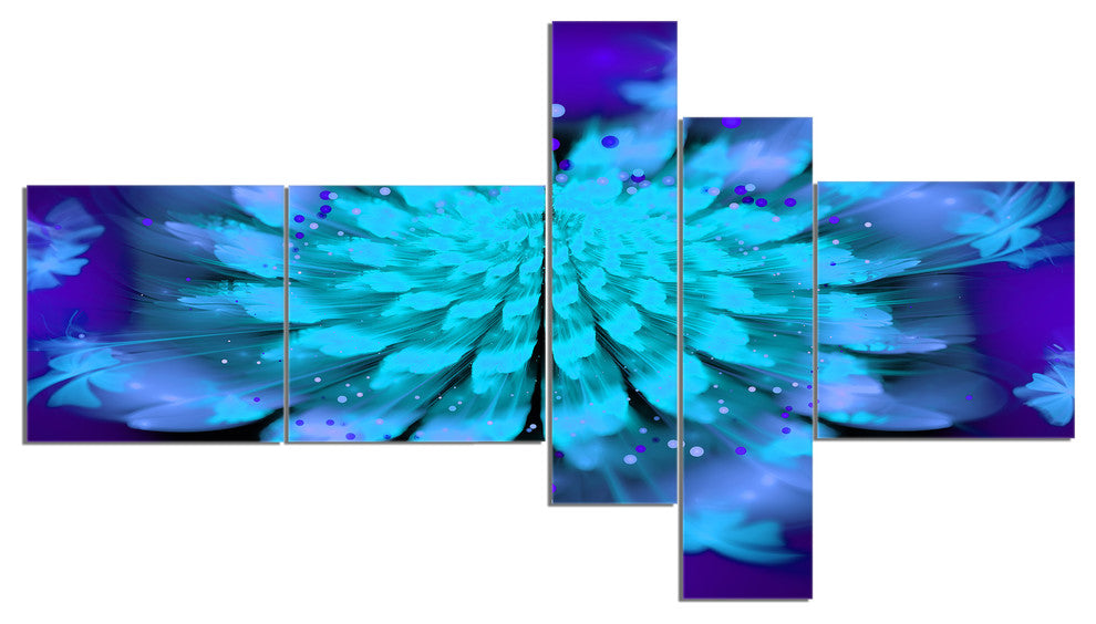 Fractal Blue Spread out Flower, Floral Art Canvas Print, 60"x32", 5 panels