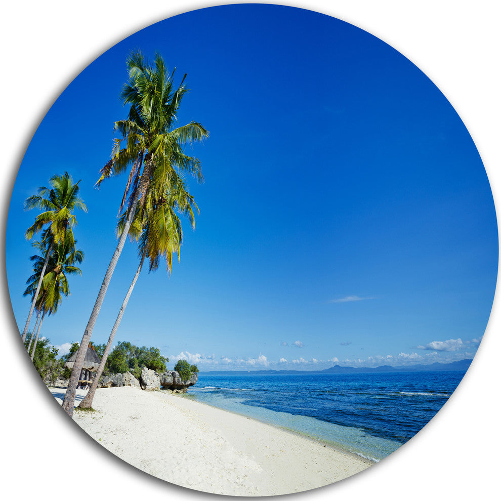 Palms Bent To Beautiful Vacation Beach, Seascape Round Artwork, 11"