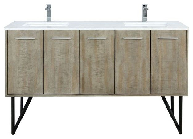 Lancy Modern 60" Rustic Acacia Double Sink Bathroom Vanity, Labaro Rose Gold Fau