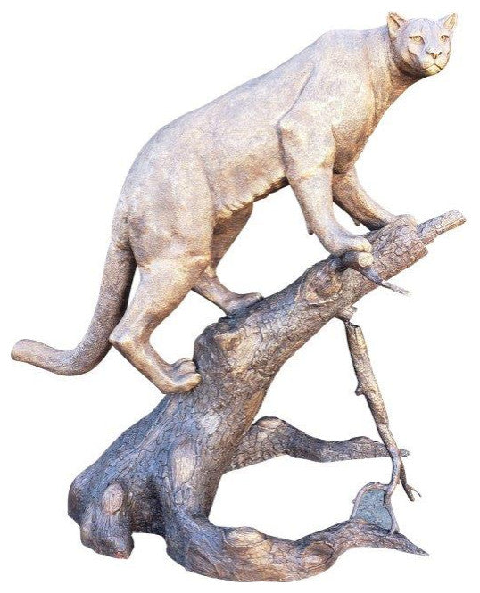 Mountain Lion Going Up a Tree Log Bronze Statue -  Size: 42"L x 65"W x 69"H.