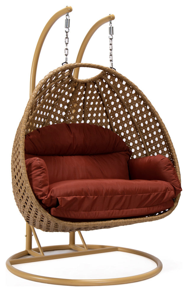 LeisureMod Mendoza Light Brown Wicker Hanging Double Egg Swing Chair, Cherry