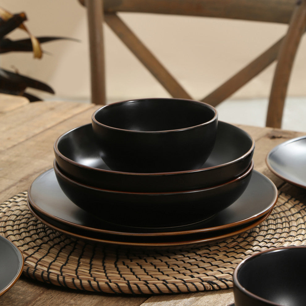 Stone Lain Brasa Stoneware 16 Piece Dinnerware Set, Black